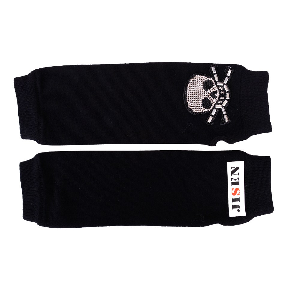 JISEN Lady Black Rhinestone Knitted Soft Wrist Arm Fingerless Winter Warmer Gloves (Skull) UPC 889269623744