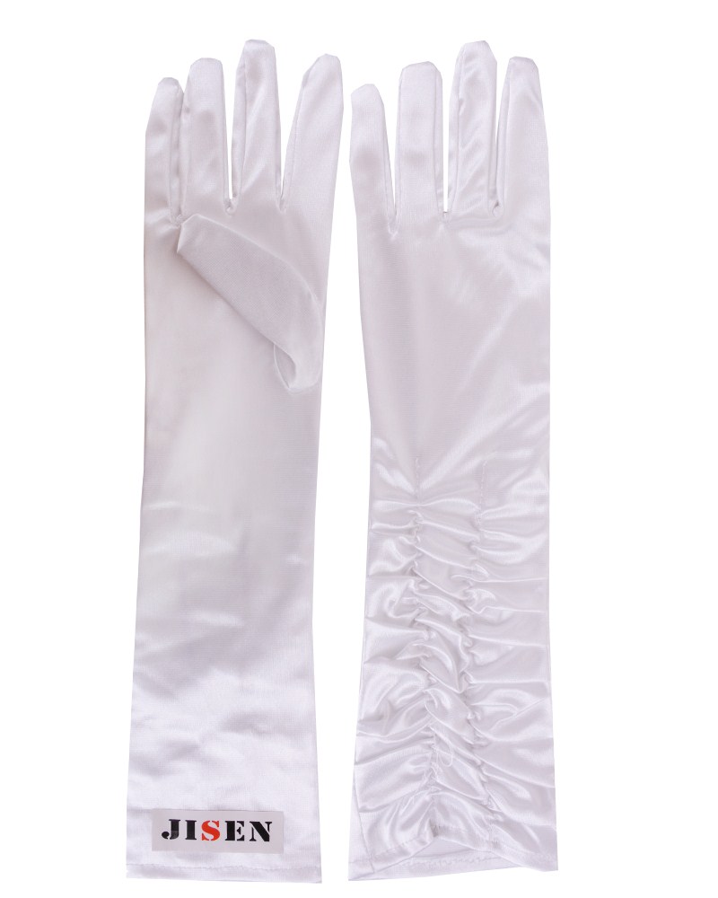 JISEN Lady Wave Pleated Flexible Satin Opera Banquet Party Wedding Full-Finger Gloves (White)  UPC 889811954708