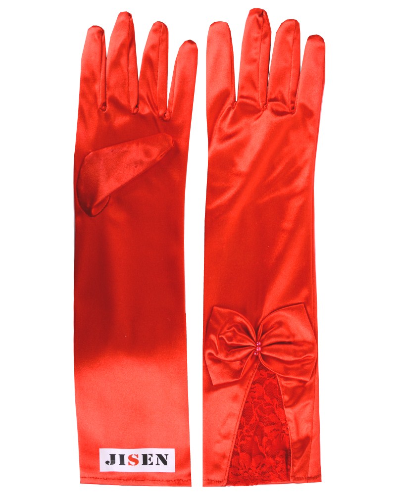JISEN Lady Banquet Party Bride Wedding Bow Knot Lace Satin Evening Prom Opera Gloves (Red)  UPC 889811954845