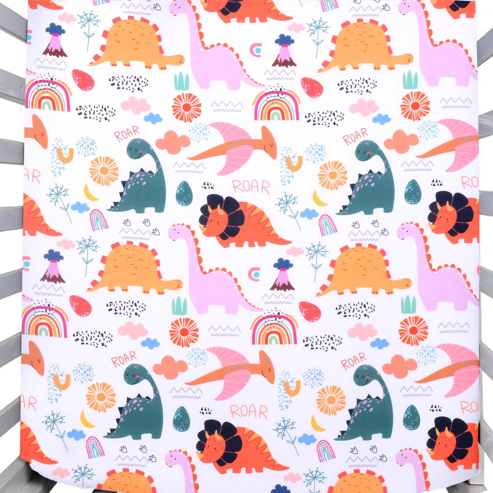 JISEN Baby Crib Sheet 1 Piece Portable Fitted Crib Sheet for Standard Crib and Toddler Mattresses Nursery Bed Decor for Boys Girls 28x52 Inch Multicolor Dinosaurs